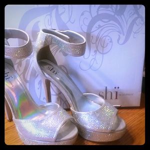 Silver Rhinestone-studded Platform Heels